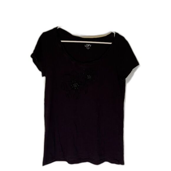 LOFT Black Cotton Tee Boho Minimalist Floral Embroidered Top Casual Chic M - Picture 1 of 5